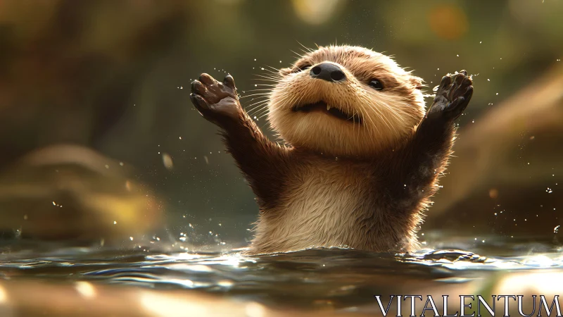 Joy-splashed otter pup throws its paws at the morning light