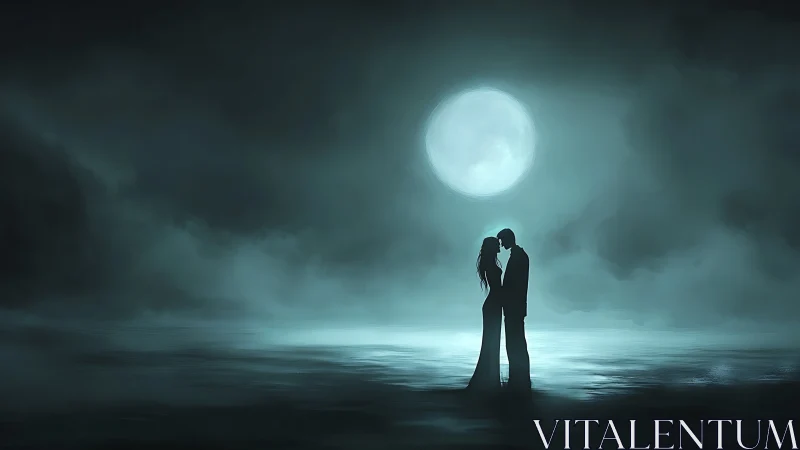 Couple Silhouetted Under Full Moon Over Water