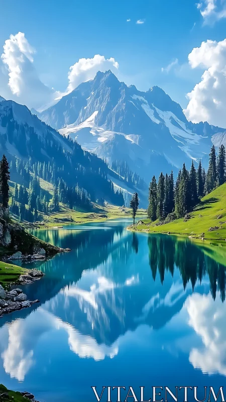 Snow-covered mountain above reflective alpine lake scene.
