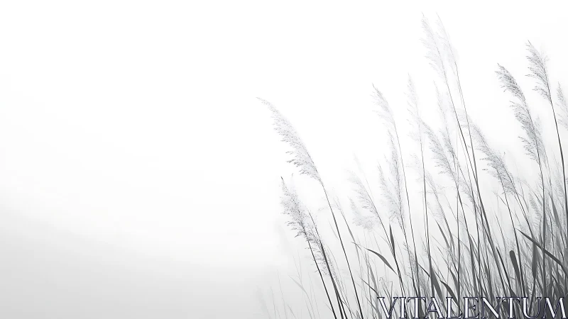 Minimalist monochrome reeds rising through soft morning fog.