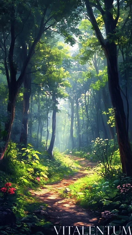 Forest pathway through tall trees with dappled sunlight filtering through canopy