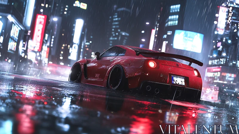 Midnight red street racer gliding through neon city rain.