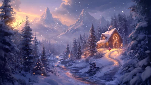 Snow cabin glows under dusk-lit alpine winter sky.