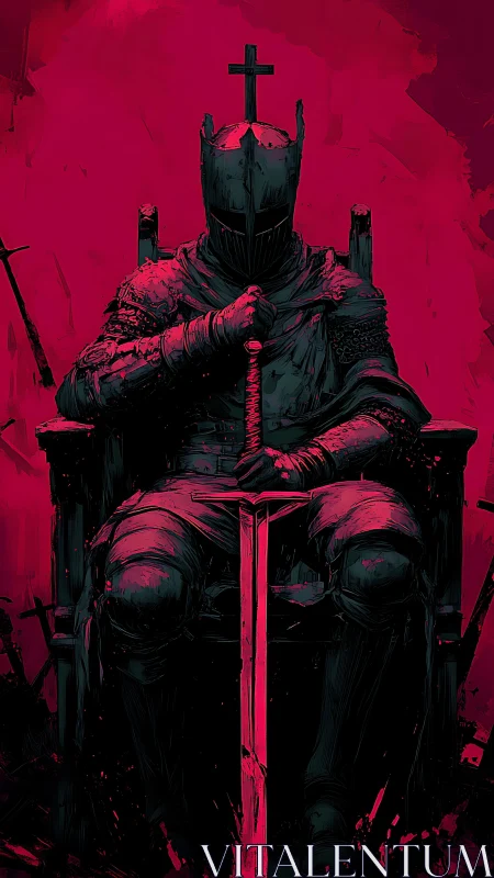 Thronebound crimson knight brooding beneath the iron cross.