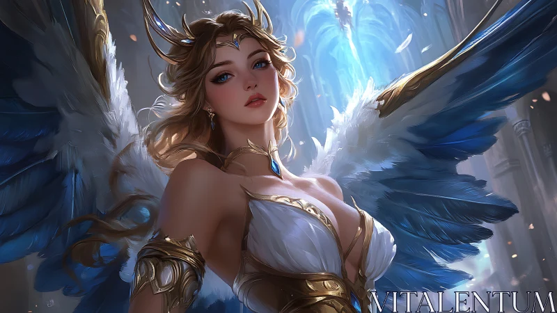 High-fidelity celestial winged warrior in radiant temple space.