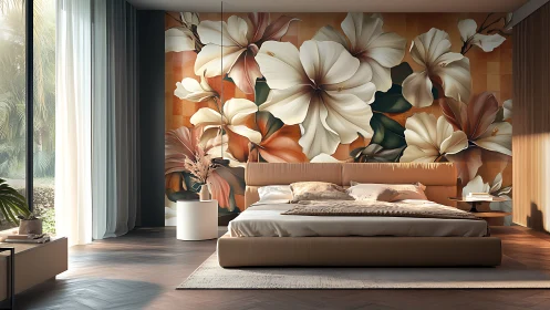 Floral mural transforms serene modern bedroom interior.