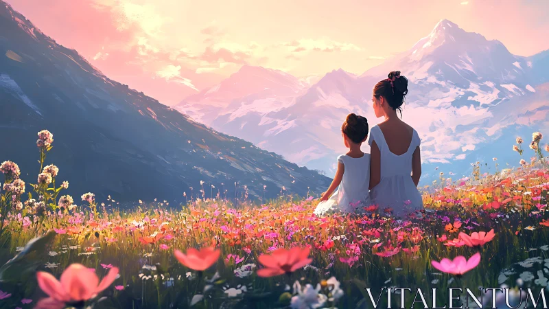 Mother and daughter sharing sunset calm in wildflower hills.