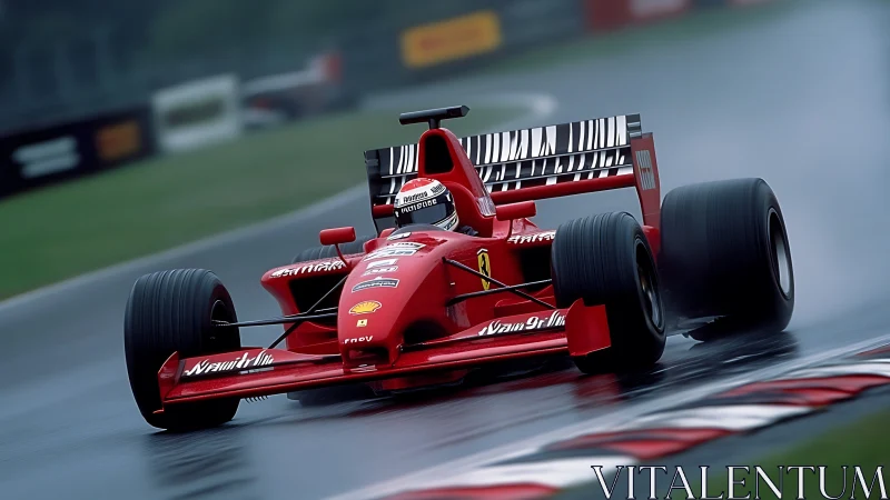 Red Formula 1 car cornering on wet circuit with spray trail
