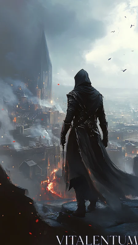Hooded wanderer overlooks a burning storm-lit fantasy city