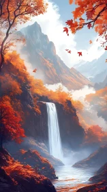 Vertical landscape shows waterfall amid autumn mountains