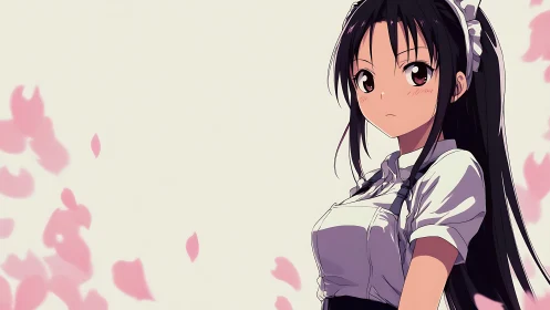 Anime maid girl stands amid drifting pink petals calmly.