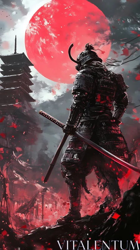 Blood-red moon crowns the lone samurai over burning ruins
