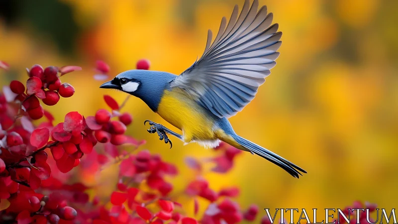 Vibrant Blue-Yellow Bird in Flight Among Red Berries, Nature Art.