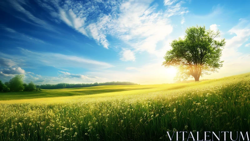 Solitary tree anchors luminous meadow under sweeping sky