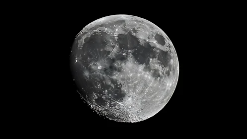 Lunar surface detail in high contrast near full moon phase.