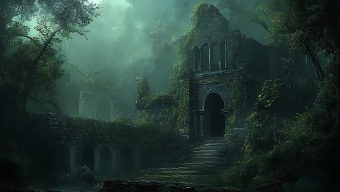Overgrown stone ruin in dense misty forest at twilight.