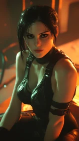 Cyberpunk portrait of leather-clad woman in orange rim light
