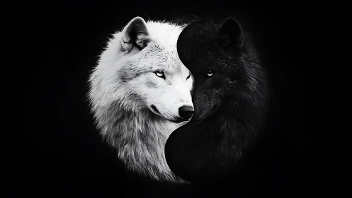 Yin yang wolf duet in stark monochrome symmetry.
