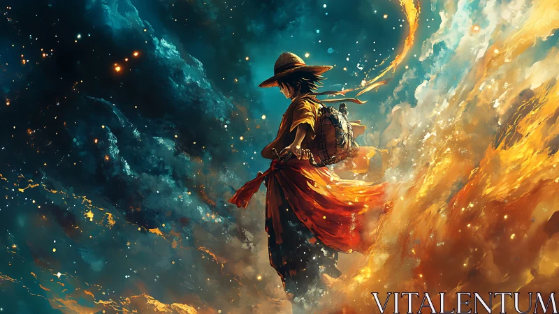 Wandering sky traveler wrapped in swirling fire and stars.