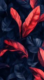 Scarlet tropical leaves glow boldly against deep navy shadows