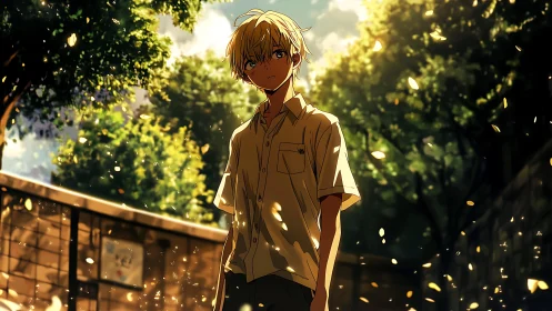 Summer courtyard youth under drifting golden light flakes.