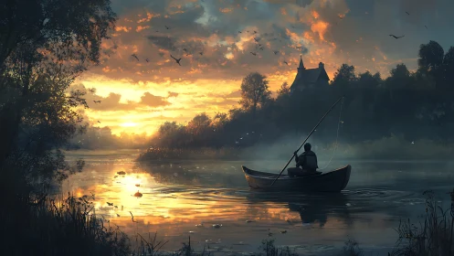 Quiet river fishing at sunset beside a storybook cottage.