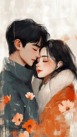 Two figures rendered in profile embrace with floral elements.