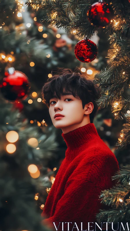 Youth in red sweater framed by decorated Christmas tree