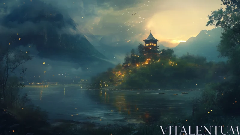 Twilight pagoda landscape in atmospheric fantasy digital painting.
