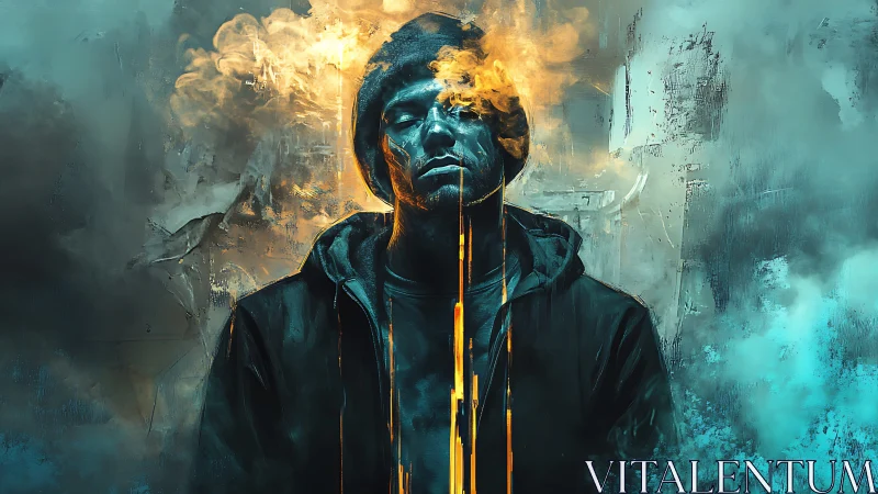 Cybernetic portrait with teal smoke and molten gold bleed