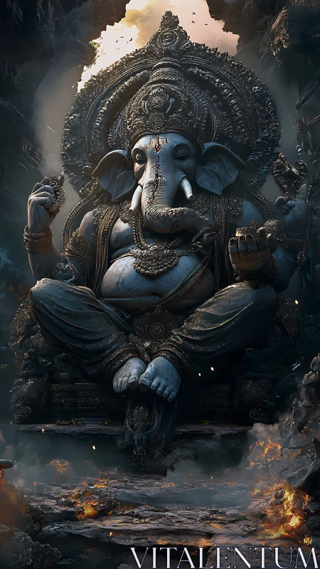 Massive elephant-headed deity statue sits amid ruins