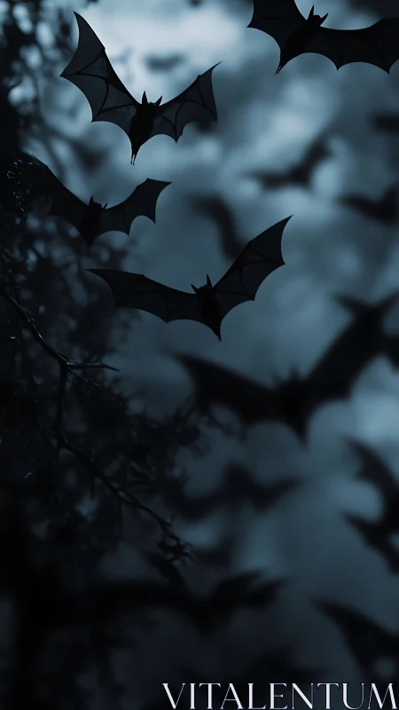 Nocturnal bat swarm in high-contrast moonlit forest sky
