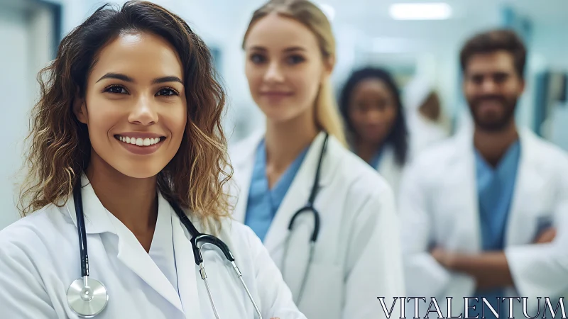Confident Medical Team in Hospital Corridor, Modern Realism.