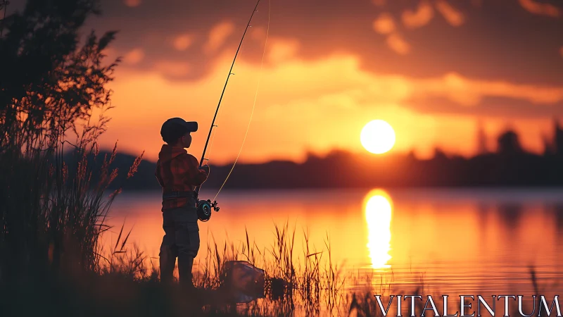 Golden lake sunset welcomes a quiet moment of childhood fishing