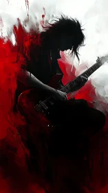Expressive digital painting of rock guitarist in crimson motion.