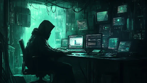 Hooded coder in neon-lit cyber lair of glowing monitors.
