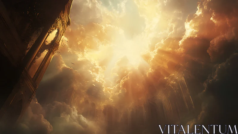 Sunlit citadel adrift in clouds of burning gold and shadow.