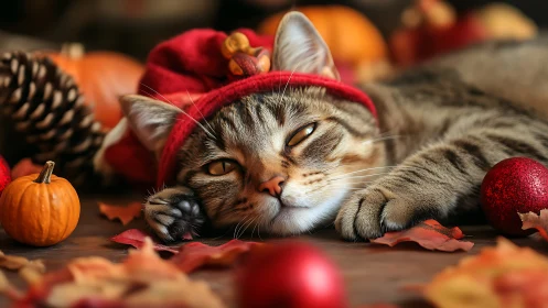 Tabby Cat in Red Hat Among Autumn Decorations.