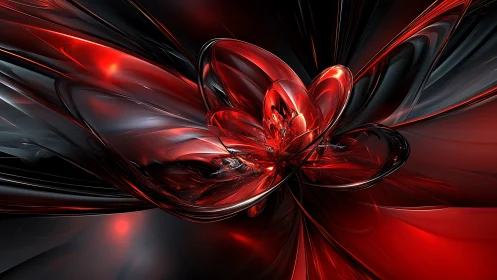 Chromatic red glass bloom unfolds within dark metallic void