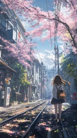 Spring urban railway corridor with solitary schoolgirl perspective.
