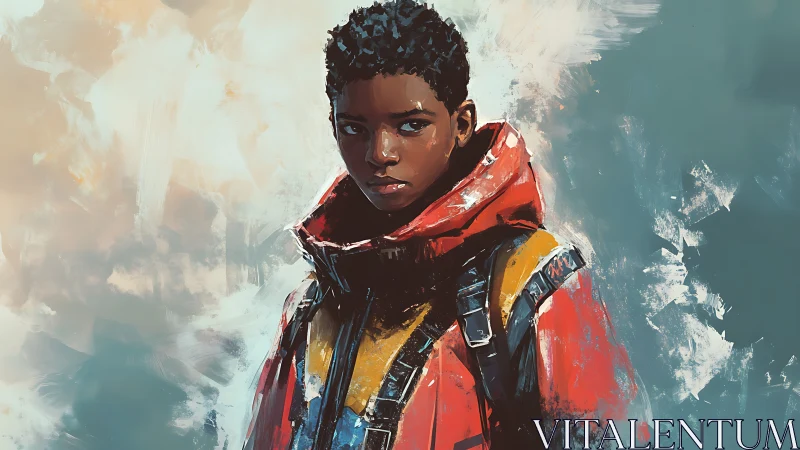 Young explorer stands steady in a bold red adventure coat
