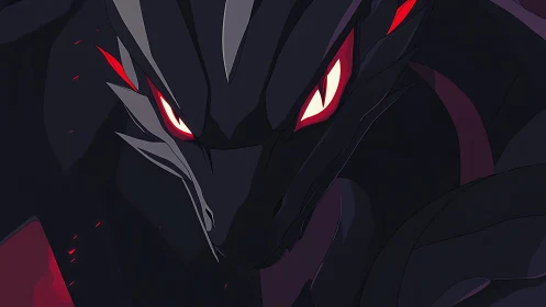 Close view of dark dragon-like creature with red eyes.