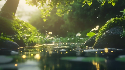 Glowing forest stream with drifting fireflies at sunset light.