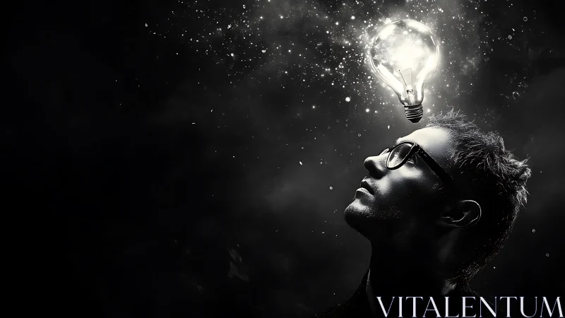 Man in profile under glowing light bulb in dark space.