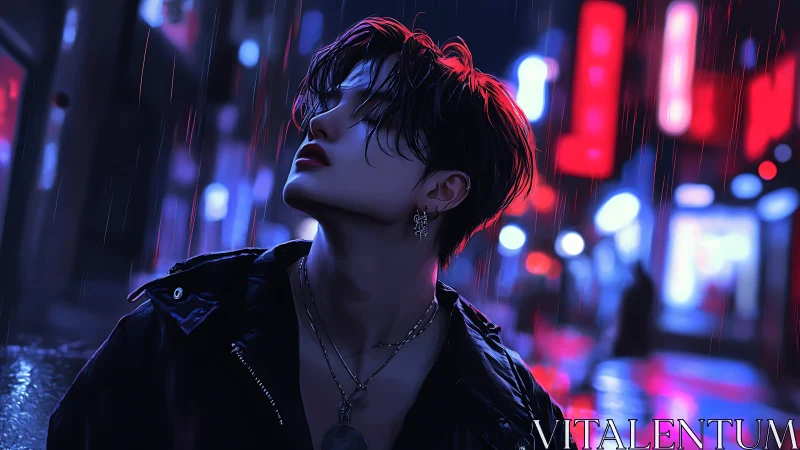 Neon-soaked loner under cyberpunk rainlit city glow.