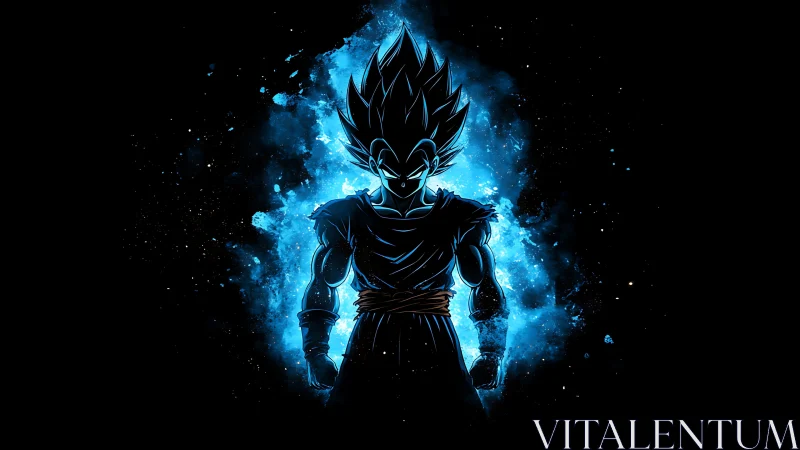 Electric blue warrior glowing with cosmic anime energy.