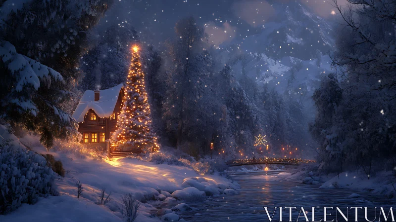 Snow-covered riverside cabin displays illuminated winter tree