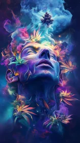 Surreal human face merges with colorful cosmic smoke