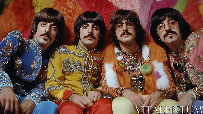 Colorful retro band in sparkling psychedelic costumes.