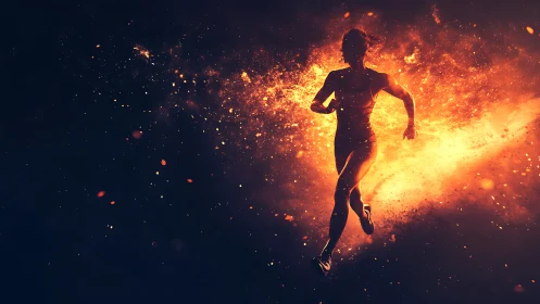 Silhouetted sprinter emerges from explosive fire particle plume